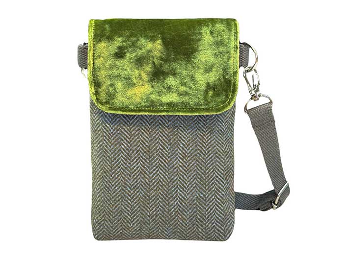 Tweed and Velvet Phone Purse Green Indigo Silver