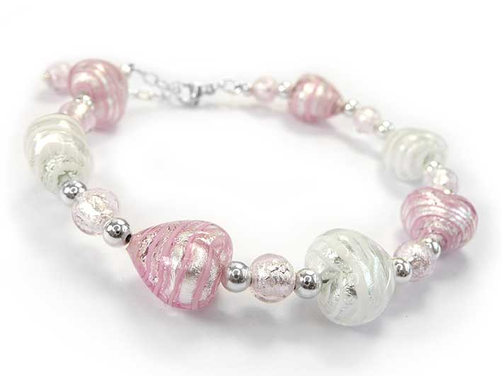 Murano Glass Bracelet - Pink and White Spirilina