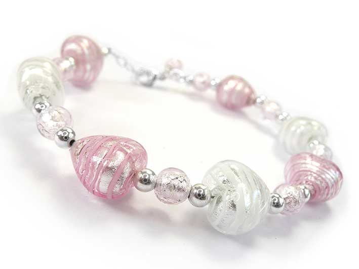 Murano Glass Bracelet - Pink and White Spirilina