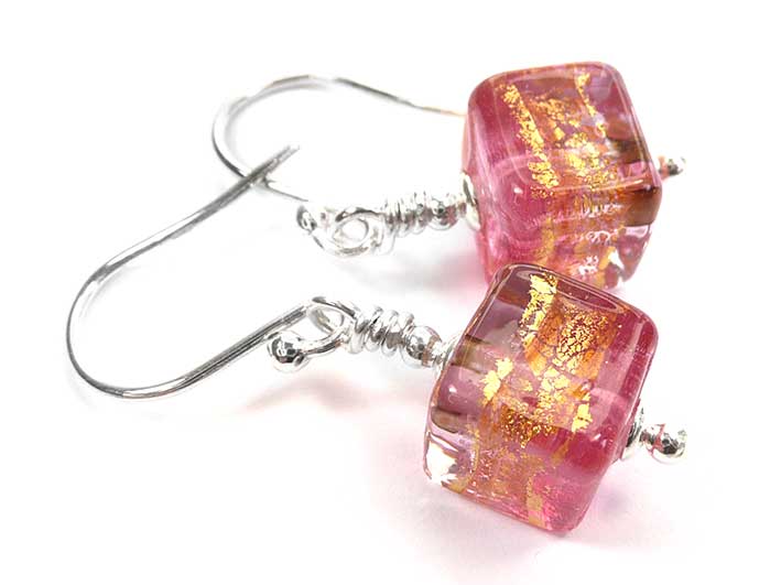 Murano Glass Cube Earrings - Pink Ruby Gold