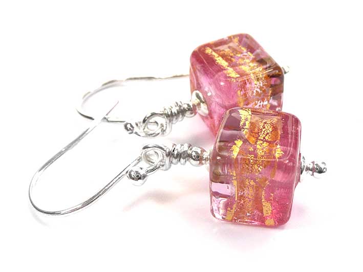 Murano Glass Cube Earrings - Pink Ruby Gold