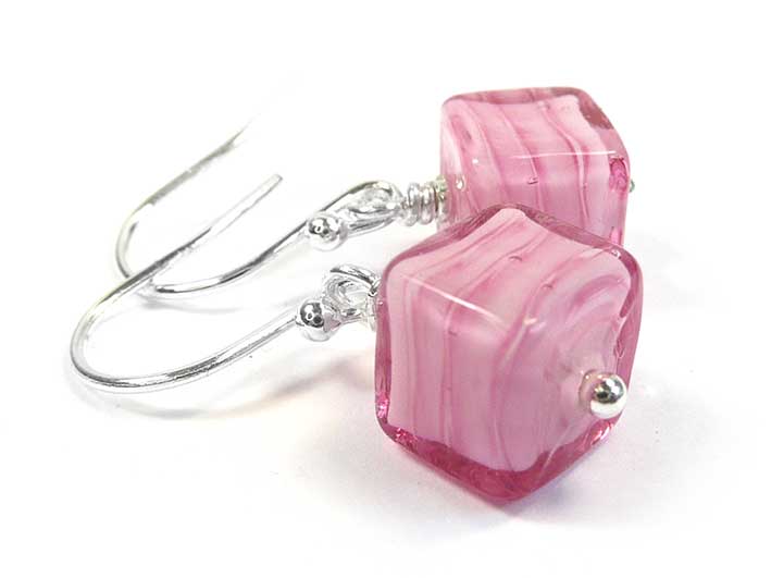 Murano Glass Cube Earrings - Rose White Core