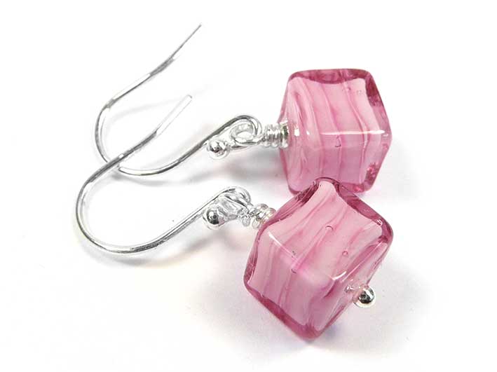 Murano Glass Cube Earrings - Rose White Core