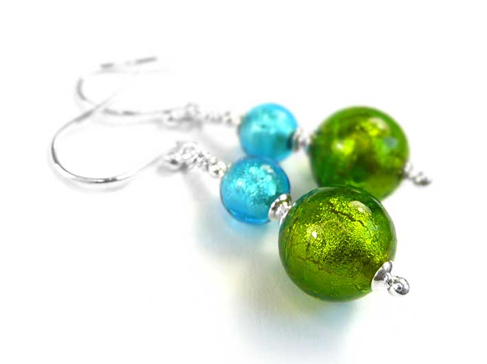 Murano Glass Duetto Earrings - Charteuse and Turquoise