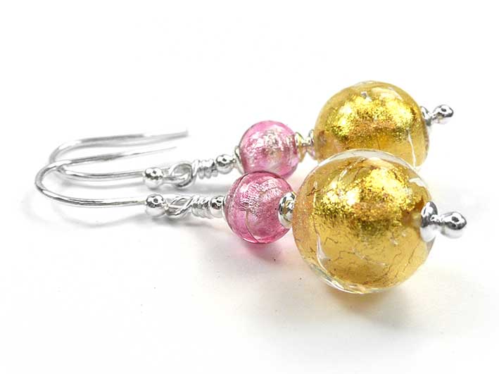 Murano Glass Duetto Earrings - Gold and Raspberry