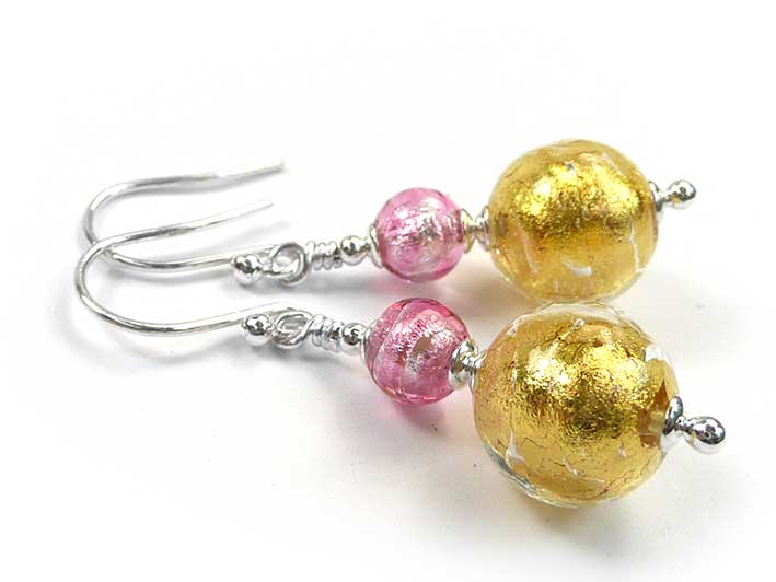 Murano Glass Duetto Earrings - Gold and Raspberry