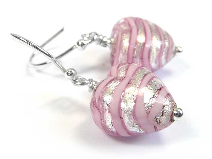 Murano Glass Heart Earrings - Pink Spiralina