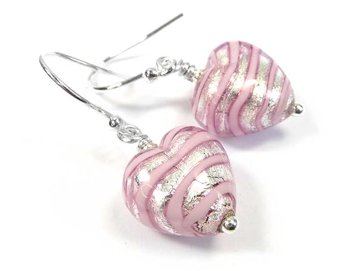 Murano Glass Heart Earrings - Pink Spiralina