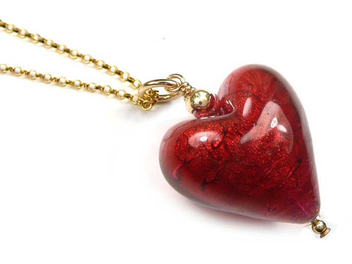 Murano Glass Heart Pendant - Gold Rubino