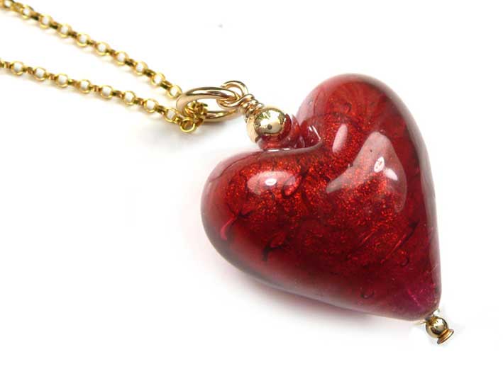 Murano Glass Heart Pendant - Gold Rubino