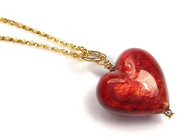 Murano Glass Heart Pendant - Gold Rubino Small