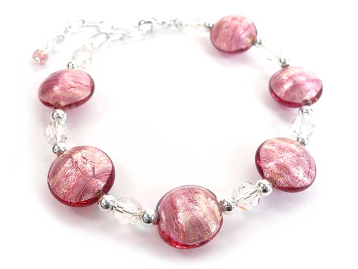 Murano Glass Lentil Bracelet - Raspberry