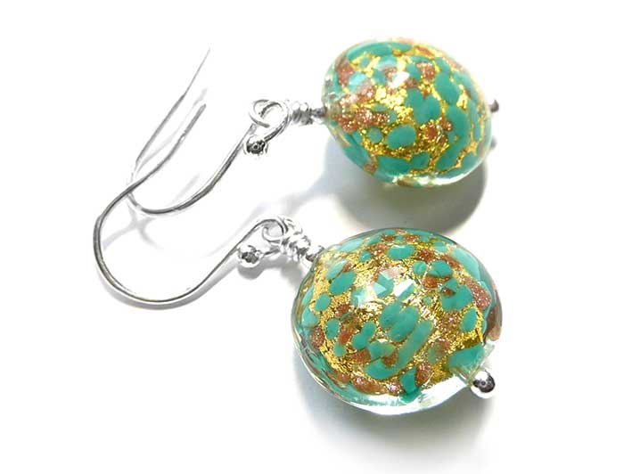 Murano Glass Lentil Earrings - Verde Gold