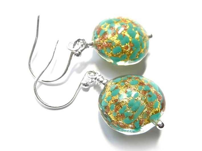 Murano Glass Lentil Earrings - Verde Gold