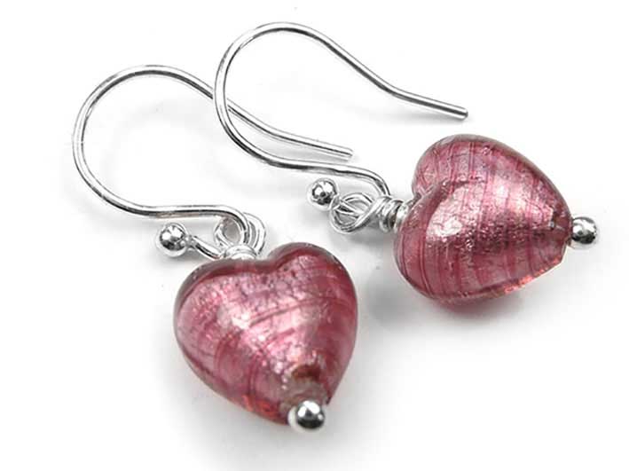 Murano Glass Tiny Heart Earrings - Raspberry