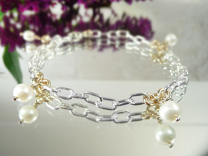 Silver Bracelet - Gold and Pearl