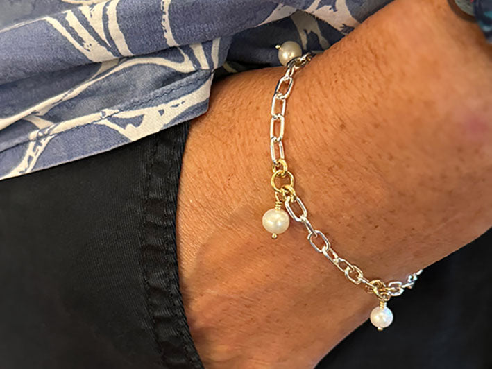 Silver Bracelet - Gold and Pearl