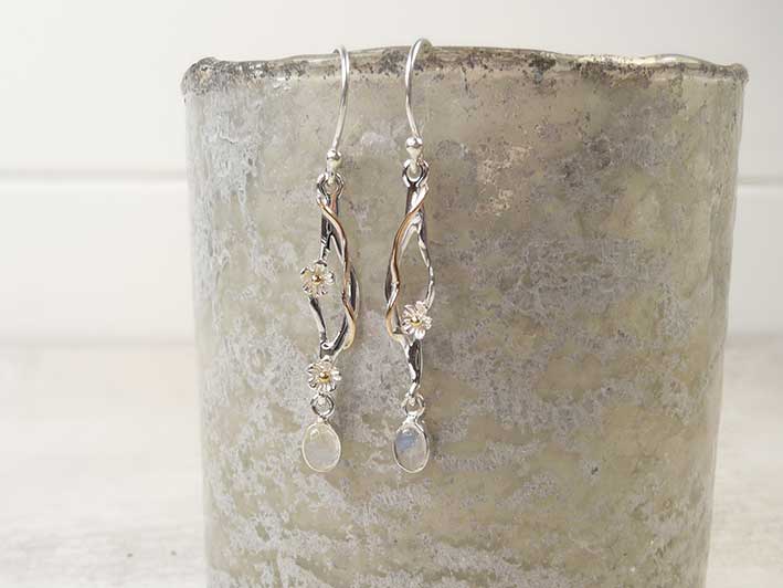 Silver Earrings - Flower and Rainbow Moonstone