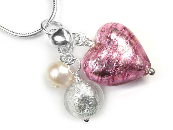 Murano Glass Heart Cluster Pendant - Raspberry Ripple