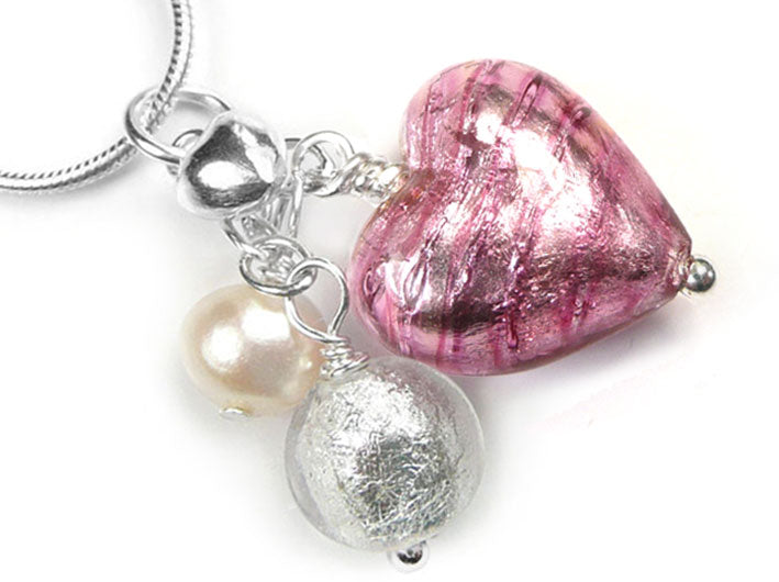 Murano Glass Heart Cluster Pendant - Raspberry Ripple