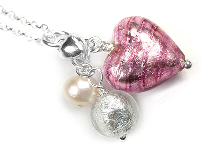 Murano Glass Heart Cluster Pendant - Raspberry Ripple